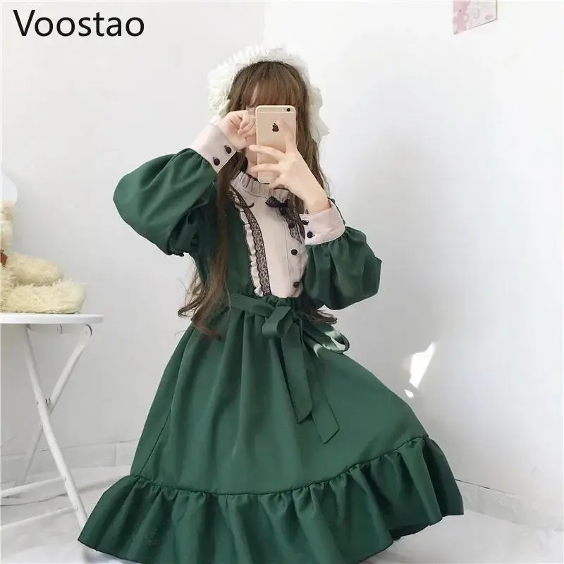 Japanese Kawaii Lolita Tea Party Dresses Women Ruffles Long Sleeve Gothic Bow Lace Dress Vintage Victorian Sweet Maid Vestidos
