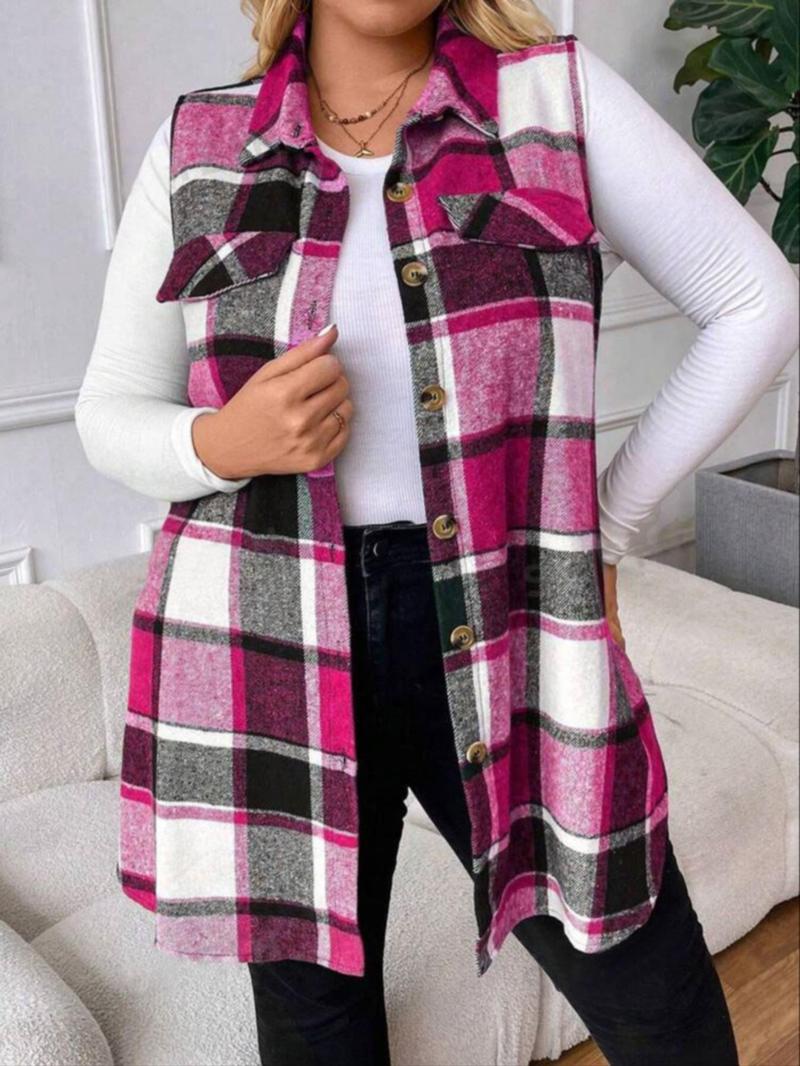 Plus Size Women's Plaid Casual Notched Neck Vest Jacket (fake Pockets), Button Front, Fitted Sleeveless Design, Fall & Winter Fashion