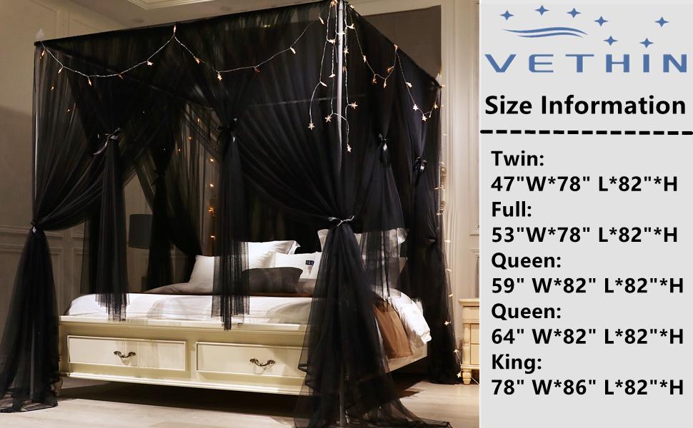 4 Corners Post Bed Layer Cozy Drape Netting 4 Opening Net for Girls & Adults Bedroom Decoration Accessories (Black, 53" W*78" L*82"*H/(Full))