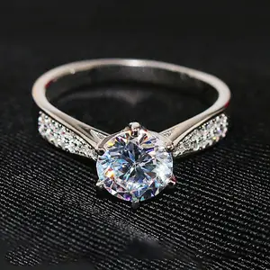 White Gold Plated 1 Carat Moissanite Ring Hearts & Arrows 6 Prong Solitaire Engagement Daily Wear Promise Jewelry for Women