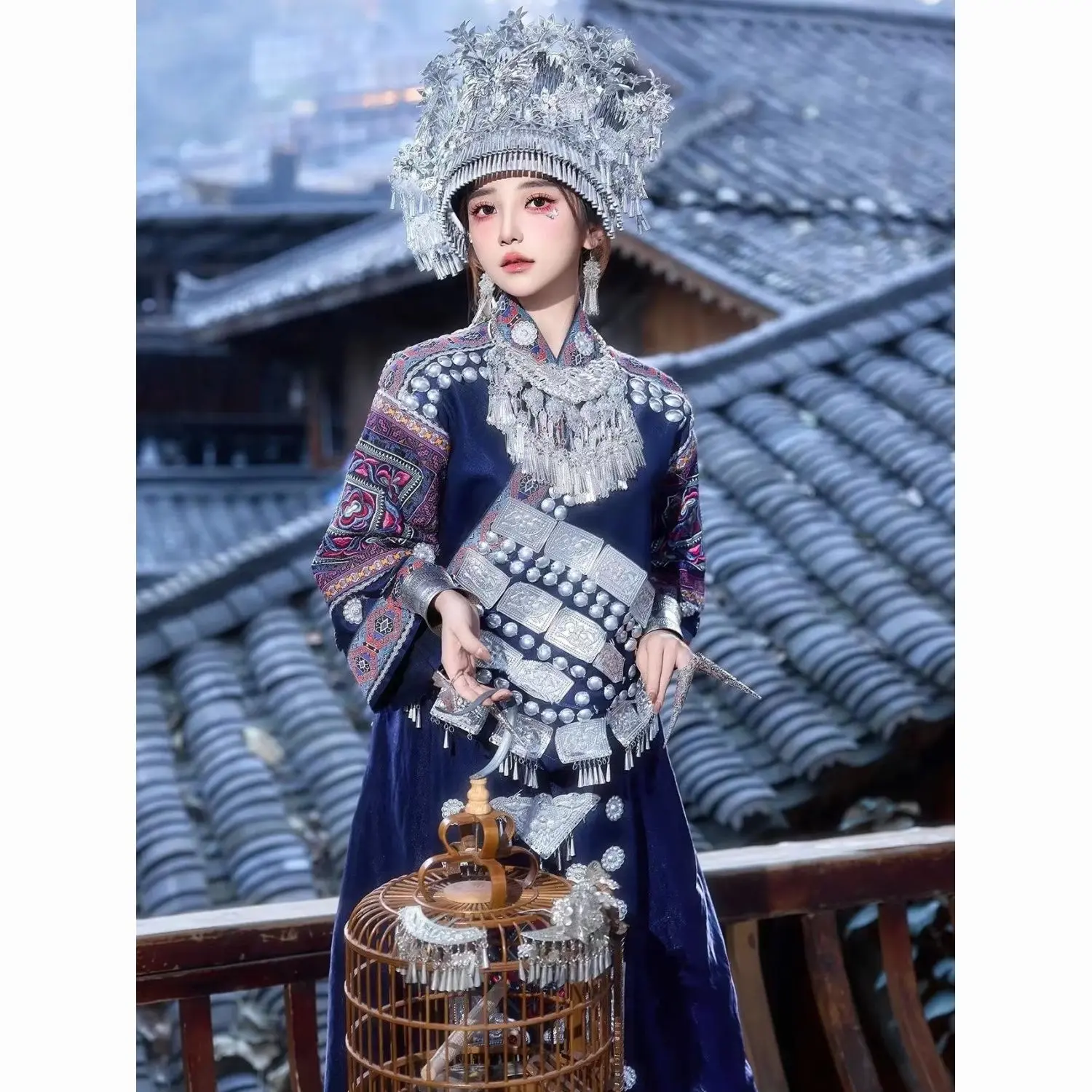 Hmong Miao Women's Blue Jacket & Skirt Styling Set for Photo Shoots