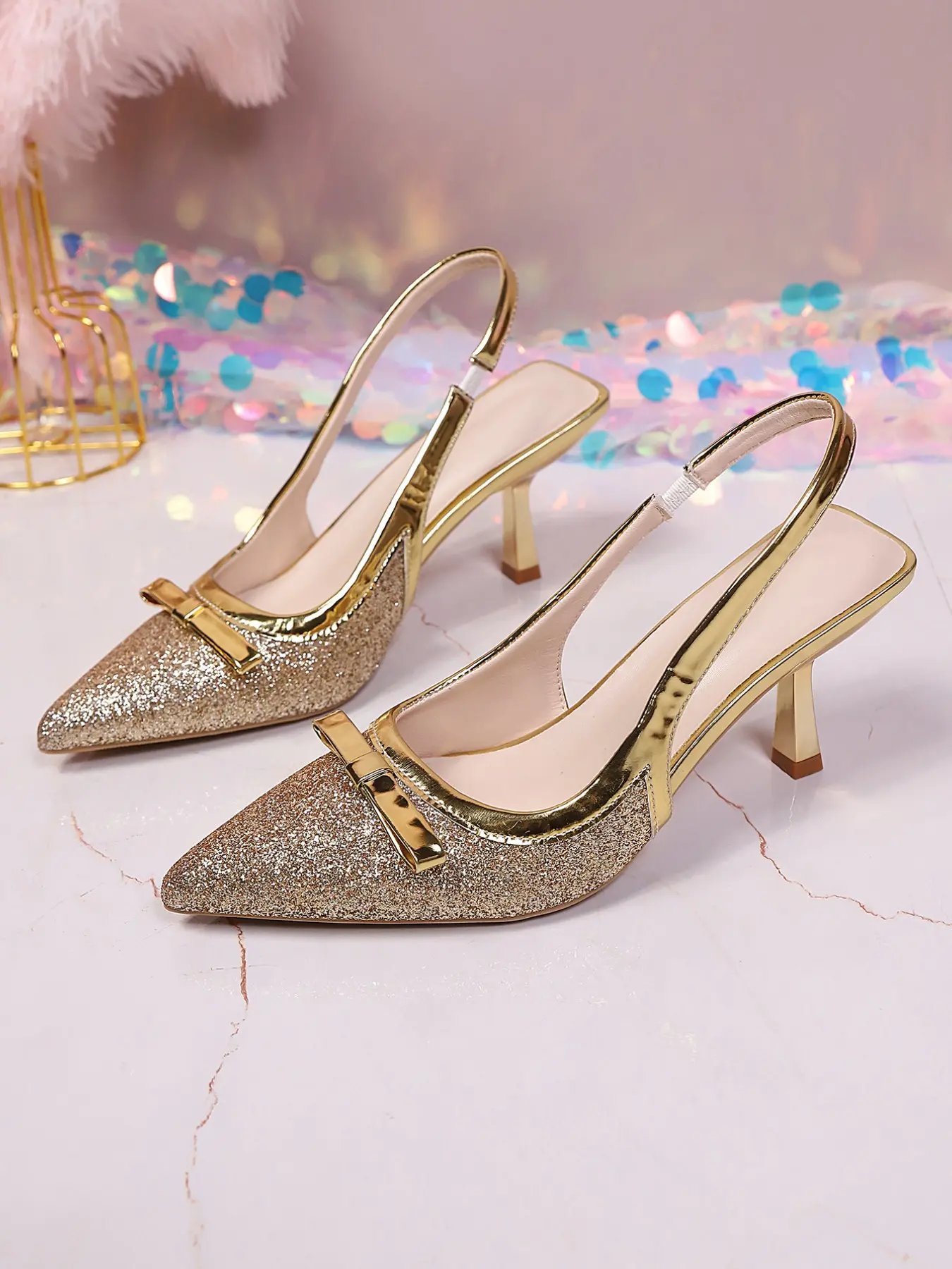 Women's Glitter Pointed Toe Bow Metallic Trim Slingback Kitten Heel Sandals Elastic Rear Strap Soft Contoured Cushioned Insole Wedding Party Evening Footwear Champagne Gold