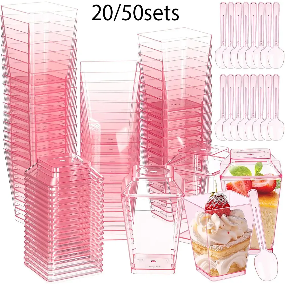 20/50 Sets Plastic Dessert Cups with Lids and Spoons, Reusable Yogurt Pudding Ice Cream Cups for Parties Weddings Baby Showers, Party Cups