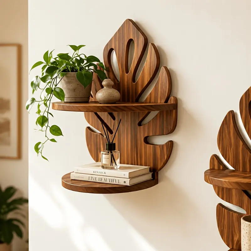 Natural Wooden Bohemian Palm Leaf Decorative Wall Shelf - Large Double-Layer Wood Product Floating Shelves, Modern Minimalist for Small Spaces, Ideal for Plants, Books, Decor, Easy Bedroom Installation
