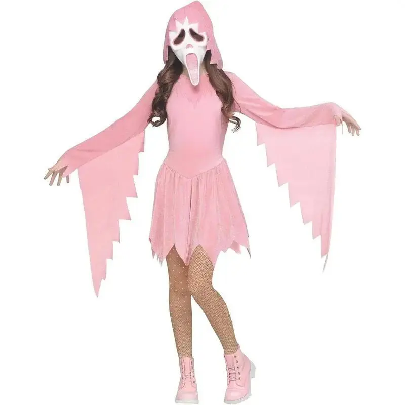 Fun World Girls' Shimmer Ghost Face Costume, Large 12-14, Pastel Pink