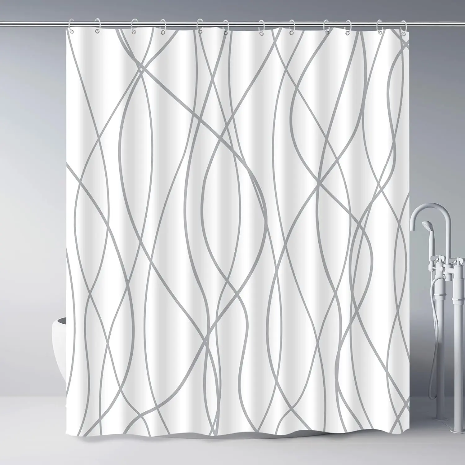 72-in White Striped Polyester Shower Curtain - Hotel-Style Bathroom Shower Curtains with Hooks, Weighted Hem, Waterproof Bath Accessory, Machine Washable, Long