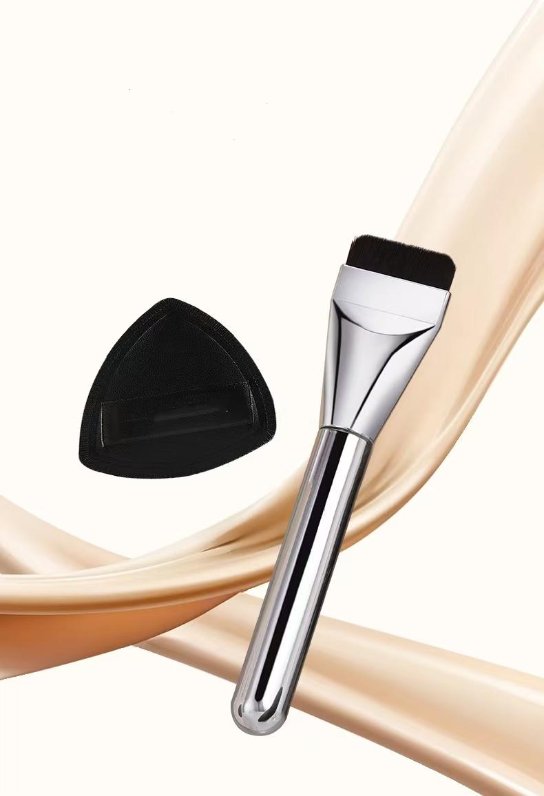 2-in-1 Ultra Thin Foundation Makeup Brush & Black Air Cushion Sponge Set Professional Flat Powder Brush for Flawless Finish