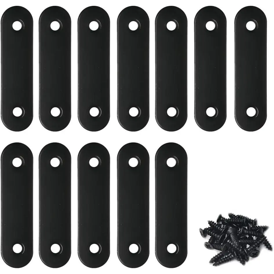 Stainless Steel Black Flat Brace - 16 x 60 mm Straight Corner Braces with Screws - 12 Pack