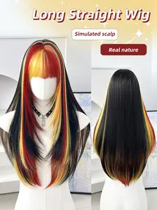 Highlighted Layered Straight Long Wig, Punk Rock Role Play Daily Synthetic Hair Wig, Synthetic Fiber Wig, Bangs Included, All Seasons