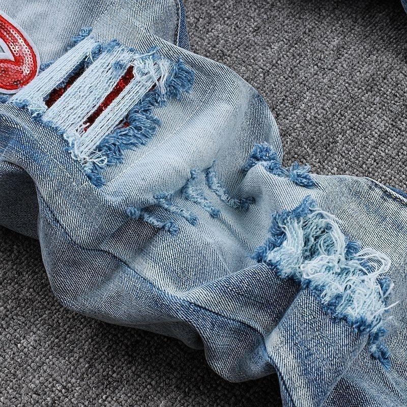 YYK Brand: Street-Style Distressed, Skinny-Fit Stretch Jeans-Featuring Patches, Embroidery, and a Vintage Denim Aesthetic-Showcasing Casual and Fitness-Inspired Styling