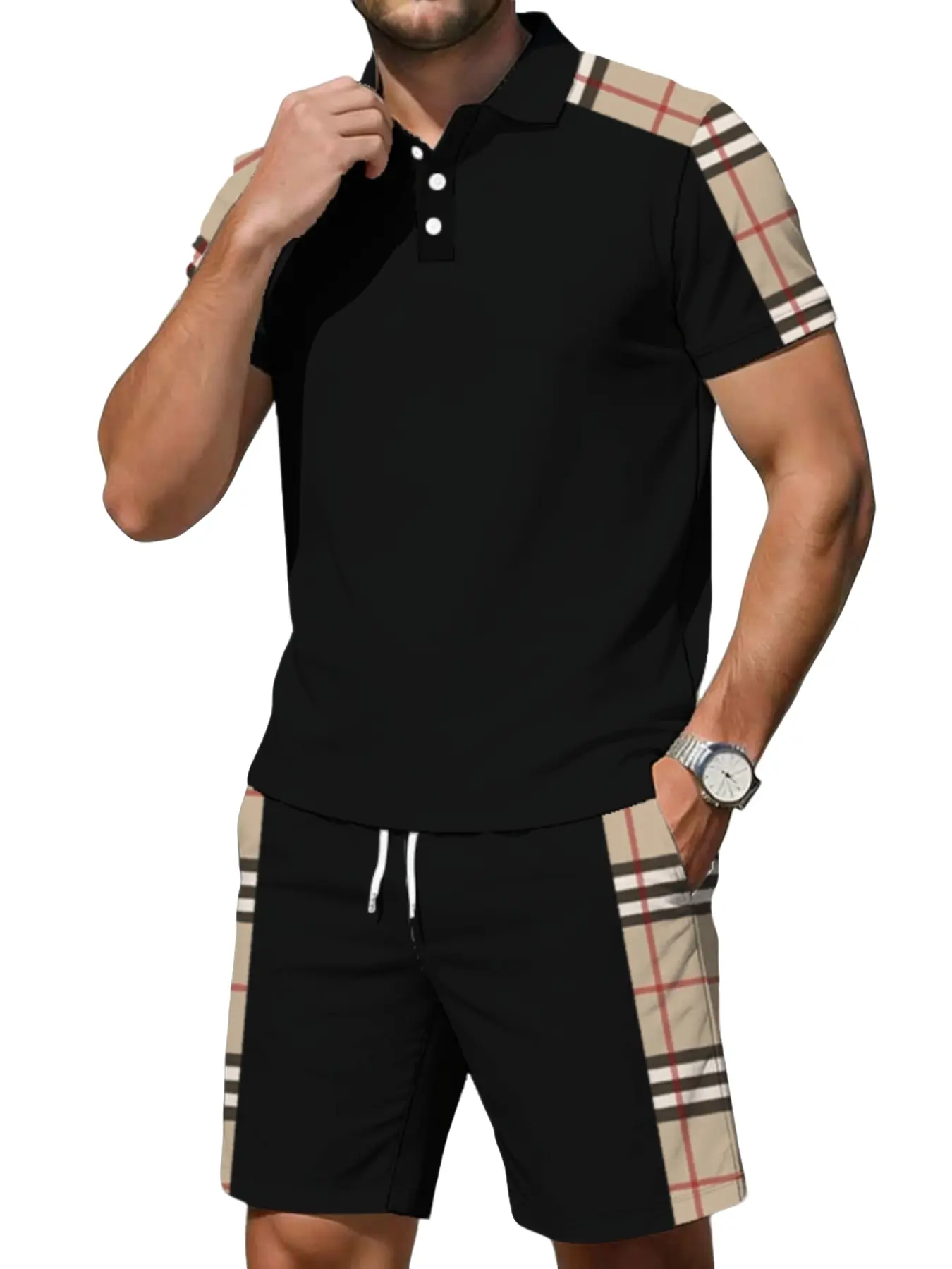 Men's Casual Plaid Patchwork Set, Lightweight Loose Fit Short Sleeve Top and Shorts Two-Piece, European and American Style