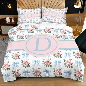 Custom Monogram Letter D Rose Blue Bow Duvet Cover Set, Personalized Floral Preppy Bedding, Microfiber Bed Linen for Girls Bedroom
