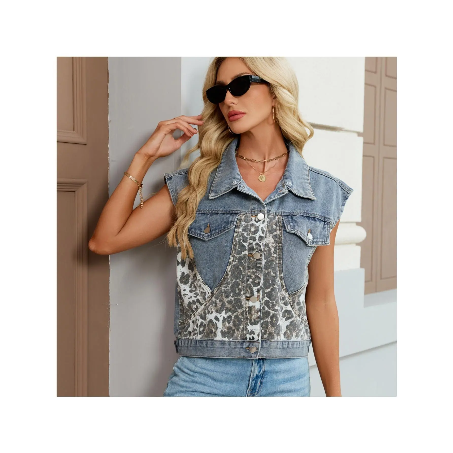 Women's Denim Vest with Pockets, Retro Boho Spliced Patchwork Outerwear with Leopard Print, Casual Layered Style, Boho Patchwork Women's Vests, All Over Print Women's Vests, Machine Wash, Do Not Dry Clean
