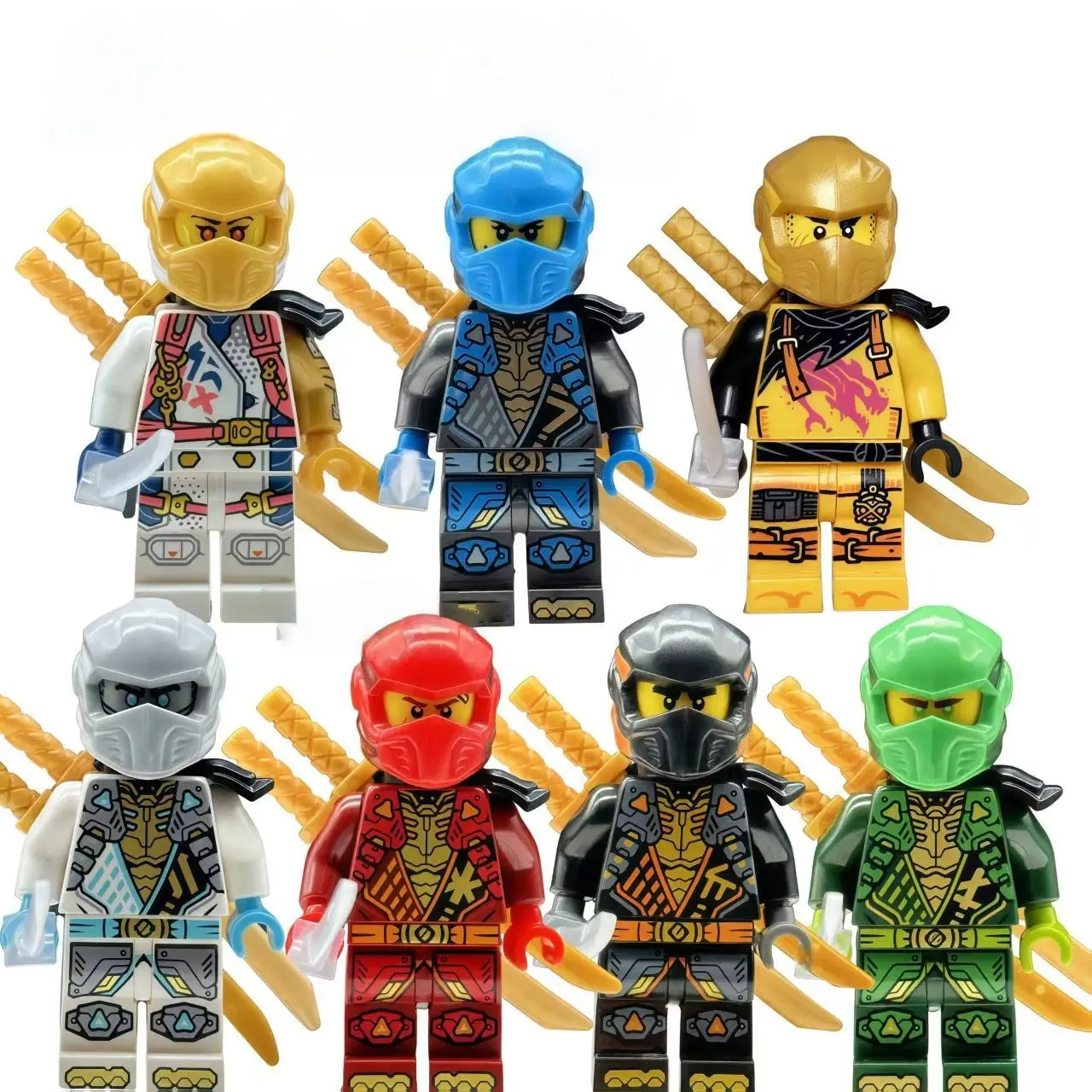 Ninja-style minifigure building blocks, multiple styles for free selection, articulated design compatible with building block models, DIY assembled collectible display block figures