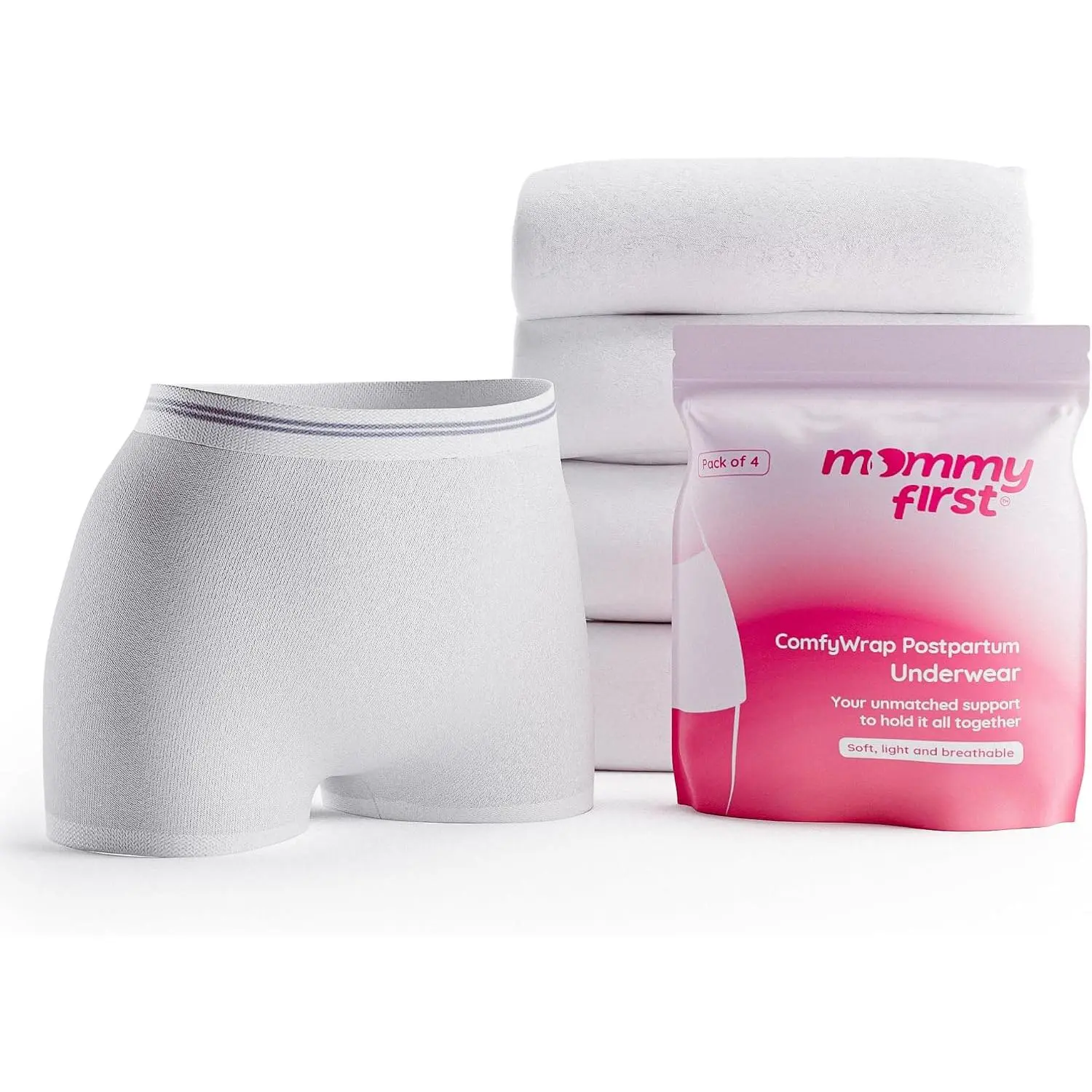 Mommy First® High-Waisted Postpartum Underwear | Soft, Breathable, Stretchable Hospital Panties for C-Section & Vaginal Delivery Recovery | Disposable & Washable | Waist 28" to 40" | Pack of 4 White