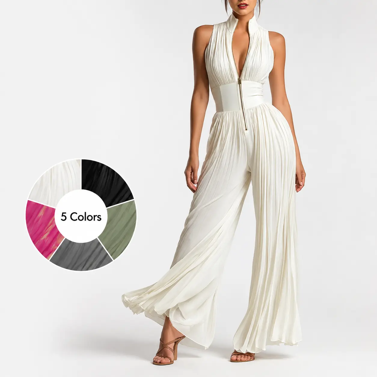Women's White Pleated Halter-Neck Sleeveless Wide-Leg Long Sports Jumpsuit - Fashionable Sports Dress