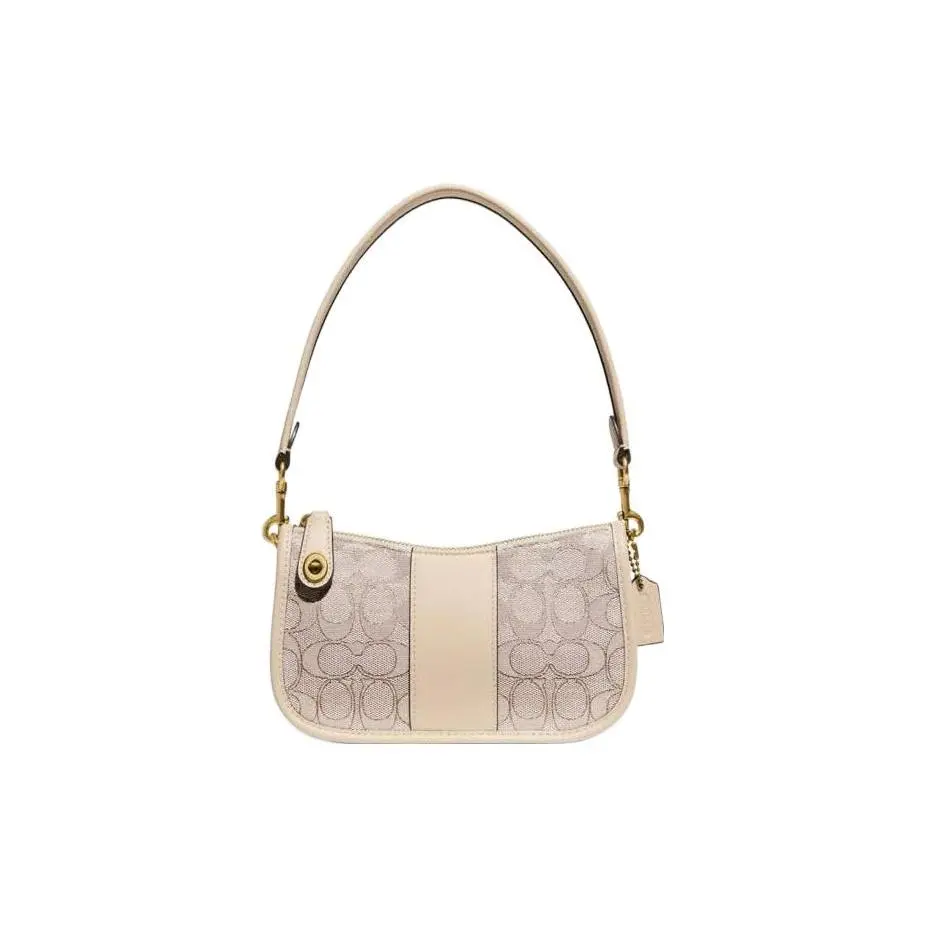 COACH Swinger 20 Classic Monogram Zip Top Handle Bag for Women, Woven Jacquard and Suede, Ivory