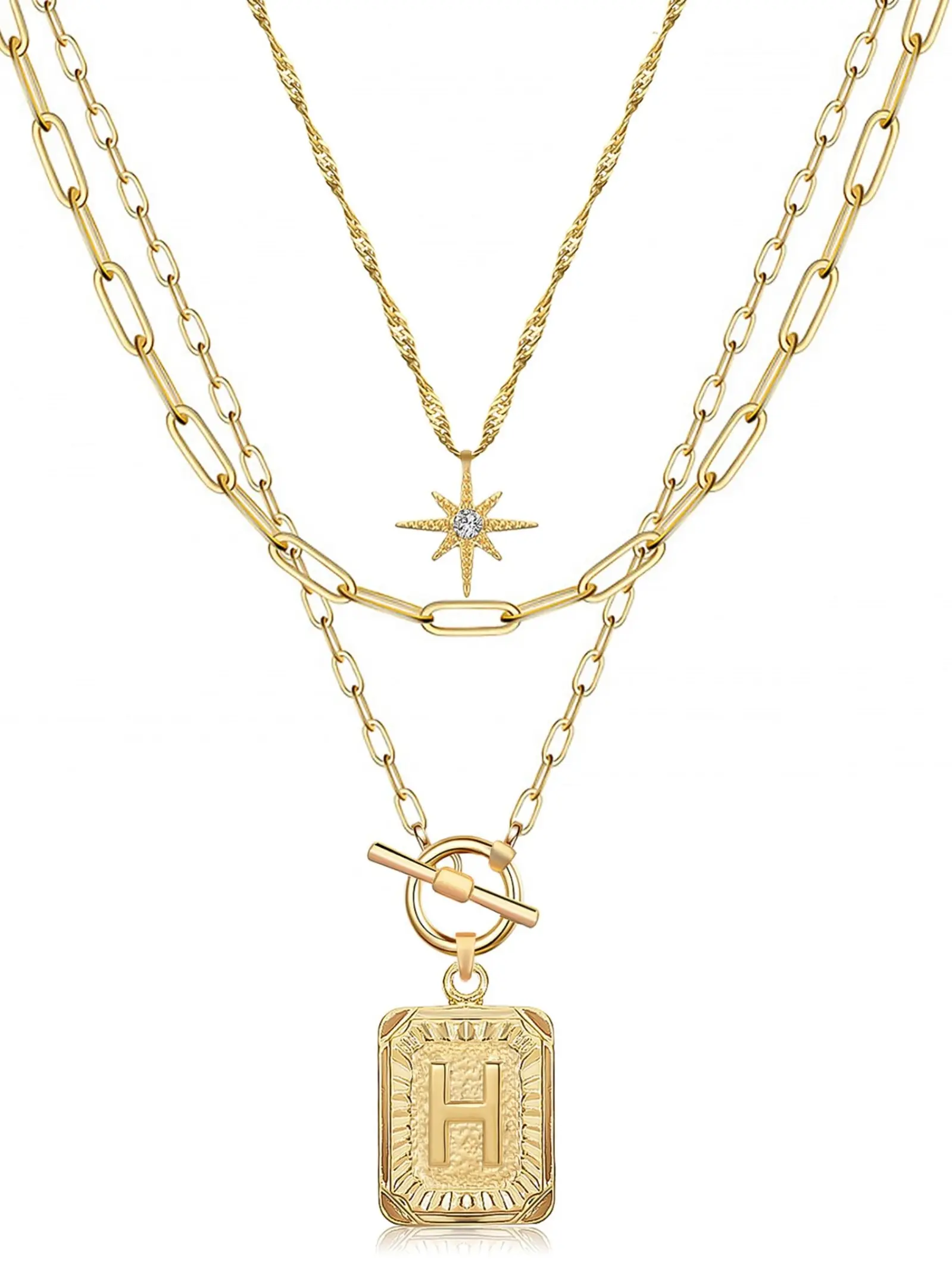 3-Tier Initial Necklace, Embossed Square Letter Pendant, Cz North Star Charm, Stackable Layering Jewelry, Ideal Gift
