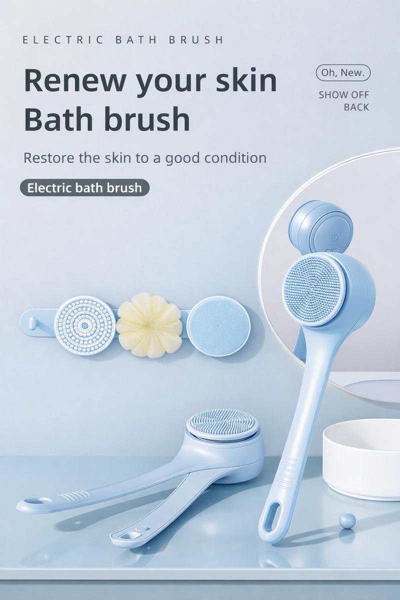 Rechargeable Electric Body Scrubber, Waterproof 360° Rotating Shower Brush with Dual Grip Handles, Full Body Bath Brush with 4 Detachable Heads for Deep Cleansing
