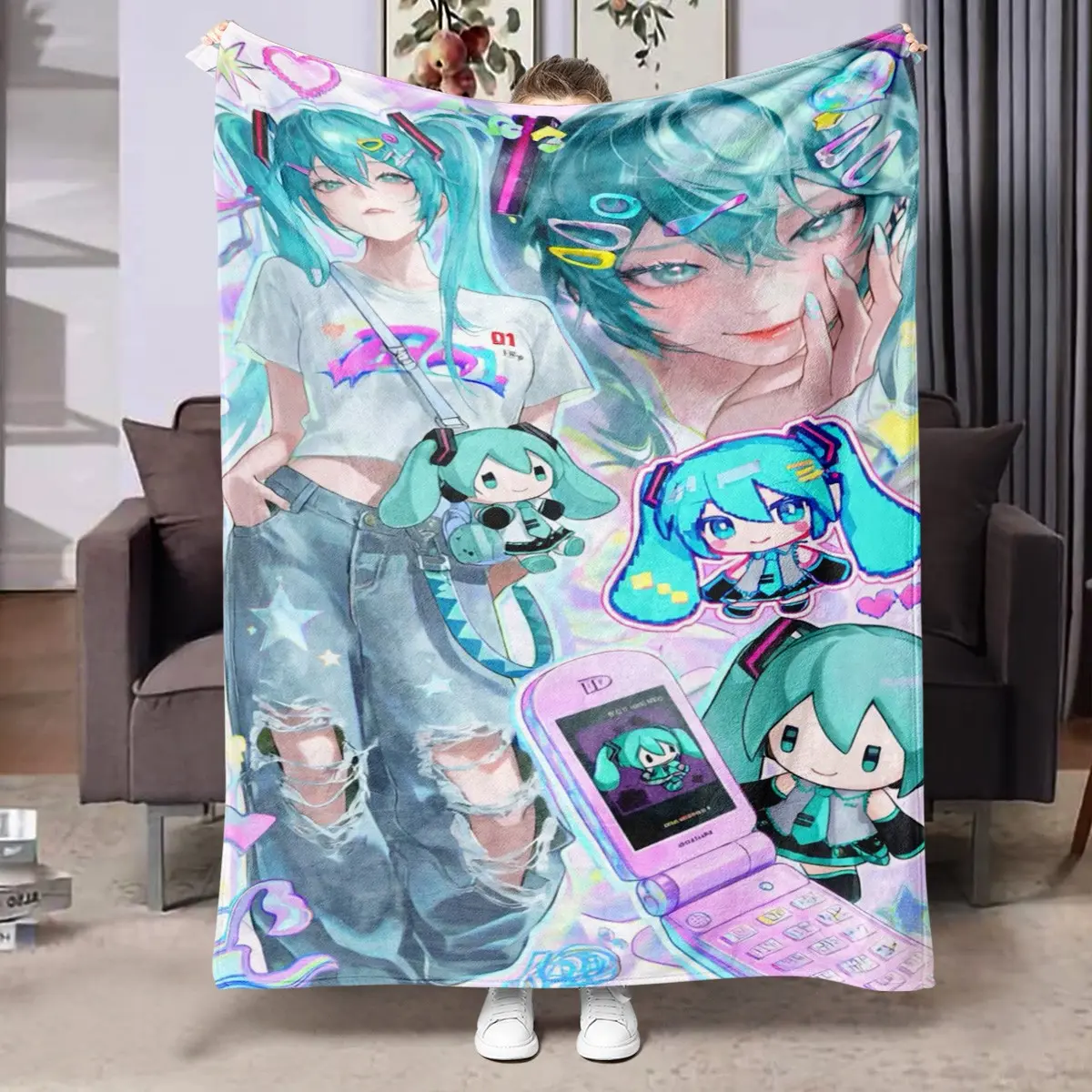 1pc Y2K Millennial Style Hatsune Miku Trendy Collage Fleece Blanket, full print daily outfit Miku twin tail figure, plush doll, pixel stickers, heart & star rhinestone elements, sweet retro American anime graffiti style, Soft Blankets