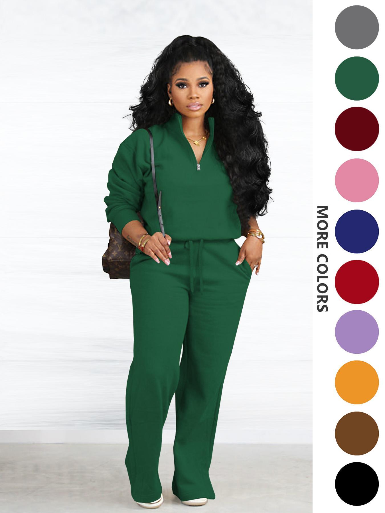 Two-piece Set Women's Solid Zip Up Funnel Neck Sweatshirt & Drawstring Waist Pants, Casual Fashion Cozy Fitted Drop Shoulder Long Sleeve Top & Pocket Trousers for Daily Outdoor Wear, Women's Clothing for Fall & Winter