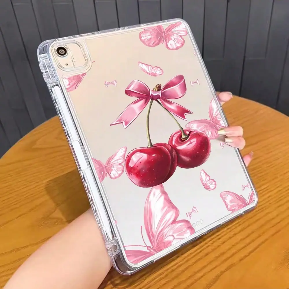Fashion Cherry Pink Butterfly Pattern Soft TPU Shockproof Anti‑Scratch iPad Case, Built‑in Pencil Holder, Lightweight Protective Cover for iPad 11 Inch 2025, Pro 11/10, Air 3/4/5/6/7, 10.9",10.2",9.7" 2017‑2018, Shock‑Absorbing, Ideal Gift for Men & Women