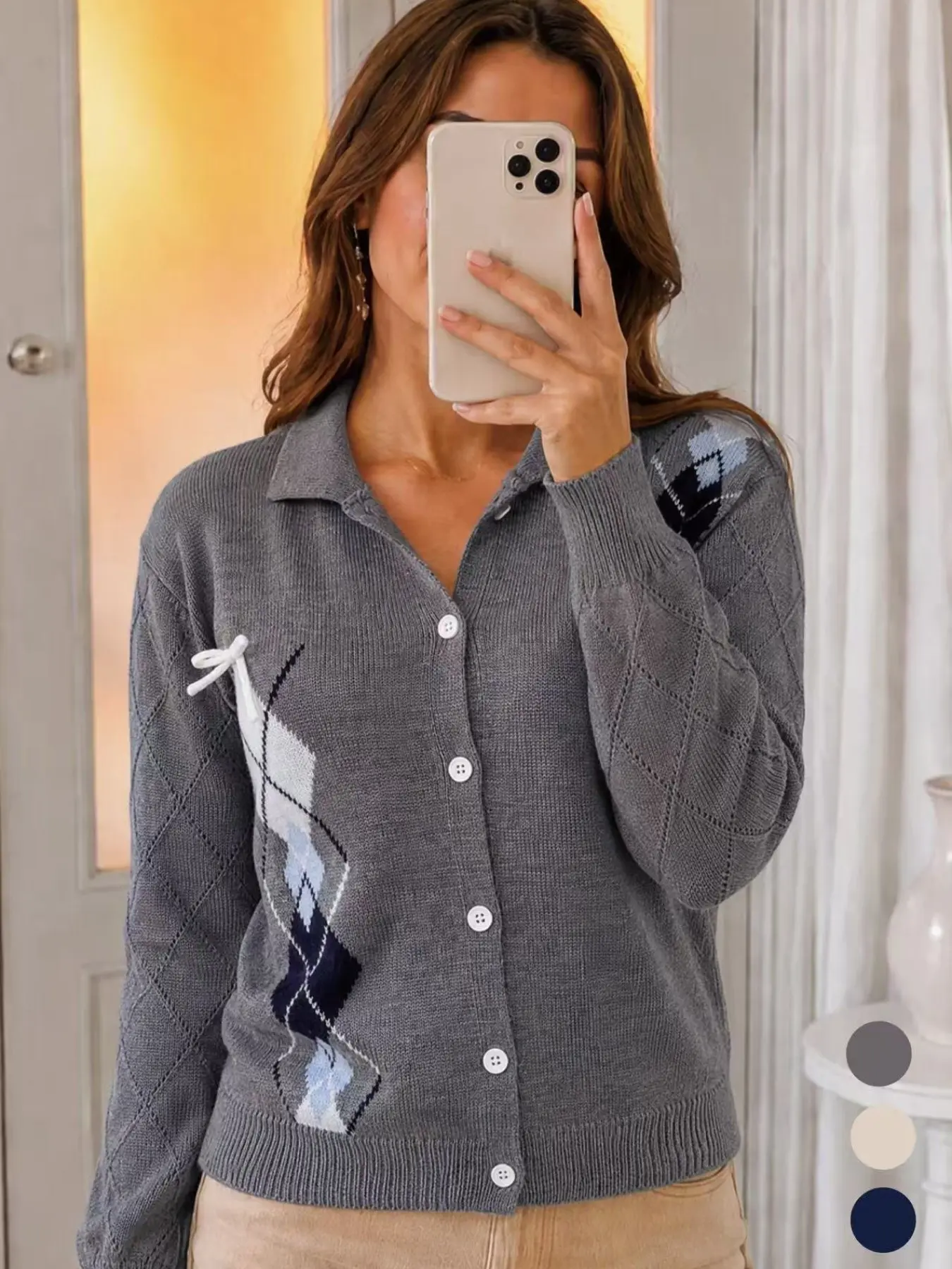 Women's College Style Houndstooth Knit Cardigan, Turned-Up Collar Button Front Long Sleeve Casual Sweater, Elegant Winter Outerwear