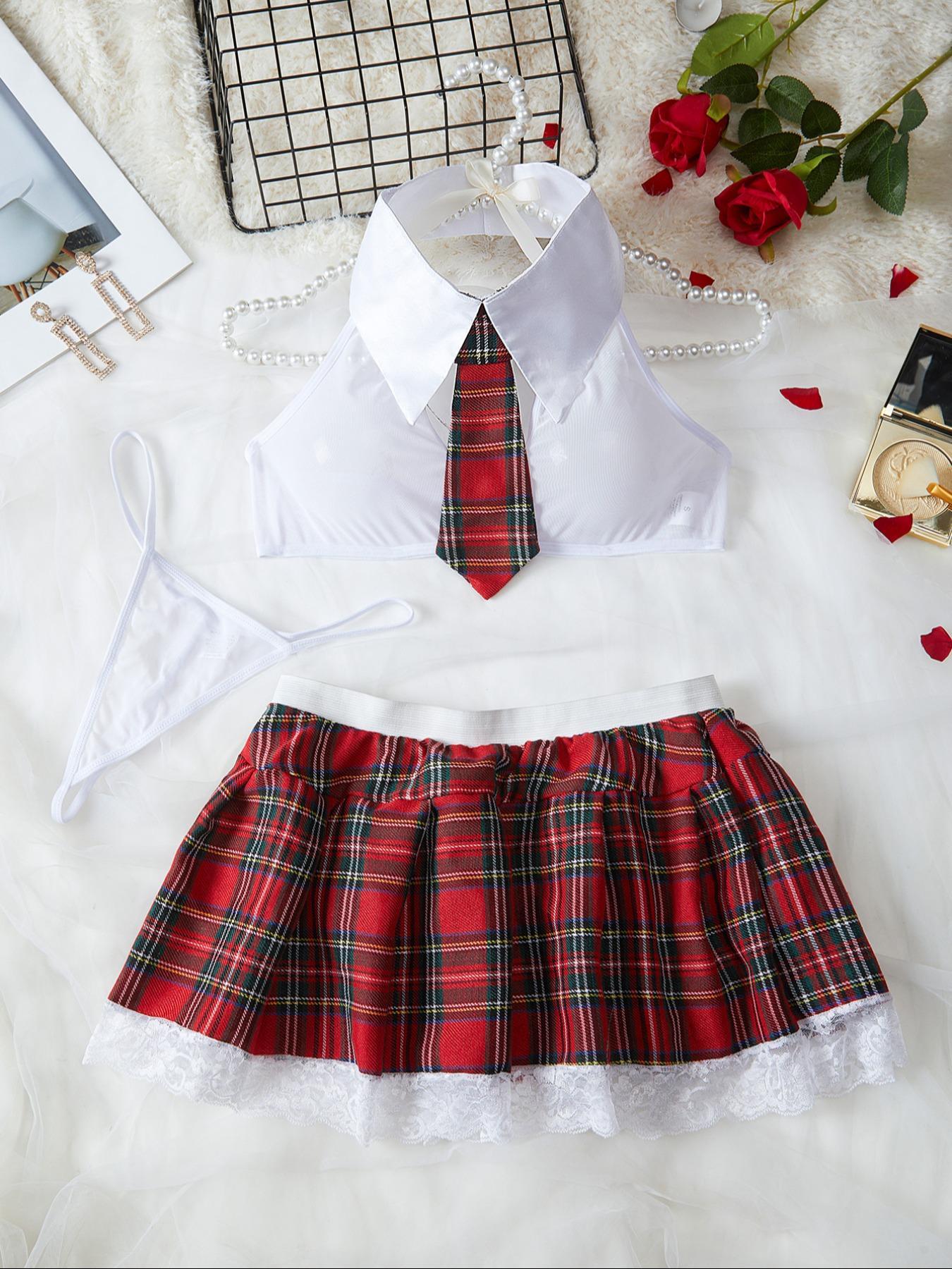 Women's Plaid Print Sheer Lace Sexy School Girl Lingerie Set, Breathable Elegance Romantic Sexy Tie Decor Halter Crop Top & Thong & Contrast Lace Skirt Set, Sexy Underwear Sets for Women, Lingerie for Women, Womenswear