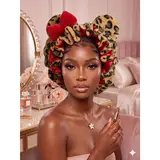 Women's Premium Thick Fleece Leopard Satin Fluffy Sleeping Bonnet - Double-Layer Nightcap with Expandable Comfort-Fit Elastic Band, Bow, Ear Charm for Curly Style Hair, Long Dreadlocks, Hydrating Haircare, Gifts for Women (Sports Headband Accessory)