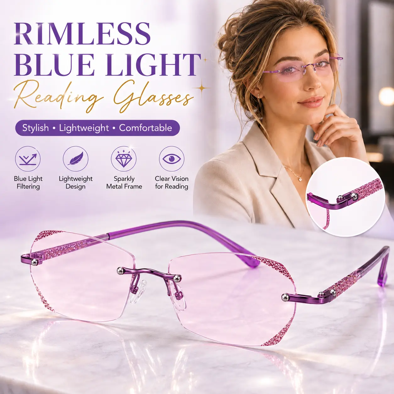 Womens Rimless Reading Glasses +1.00, Blue Light Filtering Readers with Sparkly Lightweight Metal Frame, Diamond-Cut Clear Lens Eyewear for Reading, Office & Screen Time sunglass