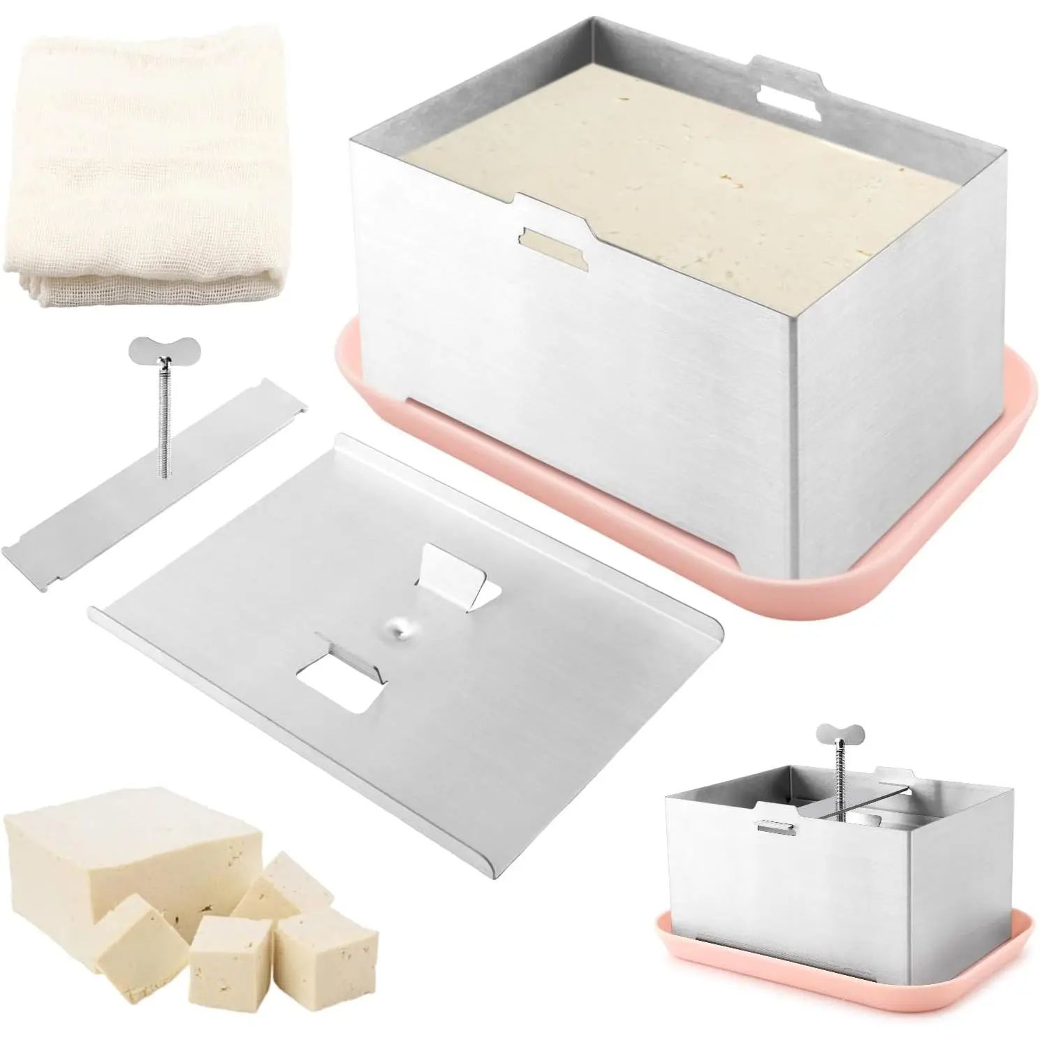 Tofu Press Stainless Steel with Tofu-Presser Towel and Drip Tray,DIY Tofu Maker Cheese Press for Homemade Tofu,Paneer,Cheese,Effortless Water Removal for  Texture & Flavor