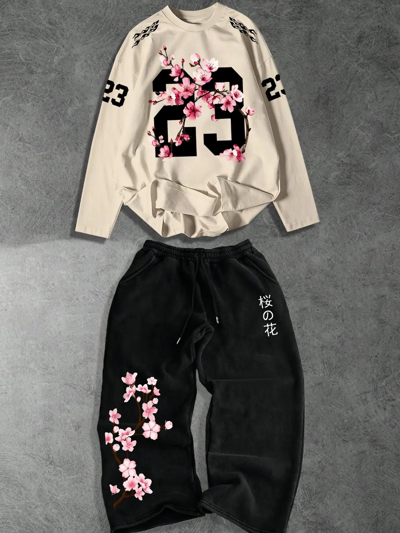 Men's Long Sleeve T-Shirt Set + Casual Drawstring Pants, Number 23 and Cherry Blossom Print, Trendy Fashion for Outdoor Activities, 2 Pieces