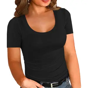 Women's Plus Size Tops Short Sleeve Scoop Neck T Shirts Summer Ribbed Knit Basic Casual Tees Blouse