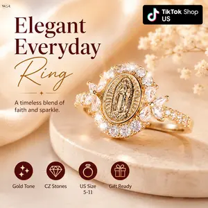Gold Tone Virgin Mary Oval Medallion CZ Halo Ring for Women, Religious Our Lady of Guadalupe Marquise Crystal Faith Statement Ring, Christian Catholic Spiritual Jewelry Gift