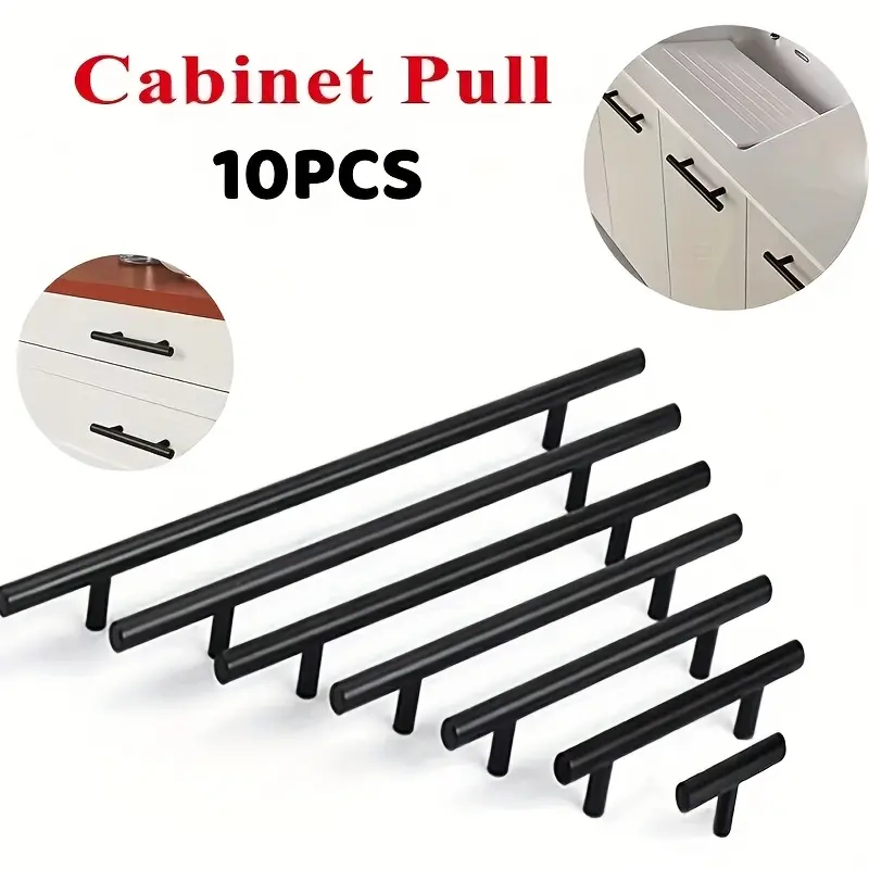 10-pack black matte metal T-bar cabinet door handles, drawer pulls, suitable for kitchen and home, modern minimalist hardware, easy to install, versatile