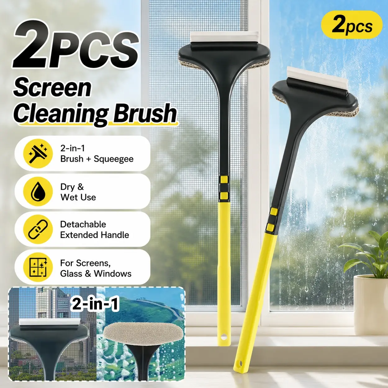 2PCS 2-in-1 Window Screen Cleaning Brush Long Handle Glass Scrubber with Hanging Hook, Wet & Dry Double-Sided Mesh Cleaner, Thin Gap Dust Brush for Window Screens, Shower Doors, Mirrors, Car Glass, High-Rise Home Kitchen Bathroom Cleaning Tools