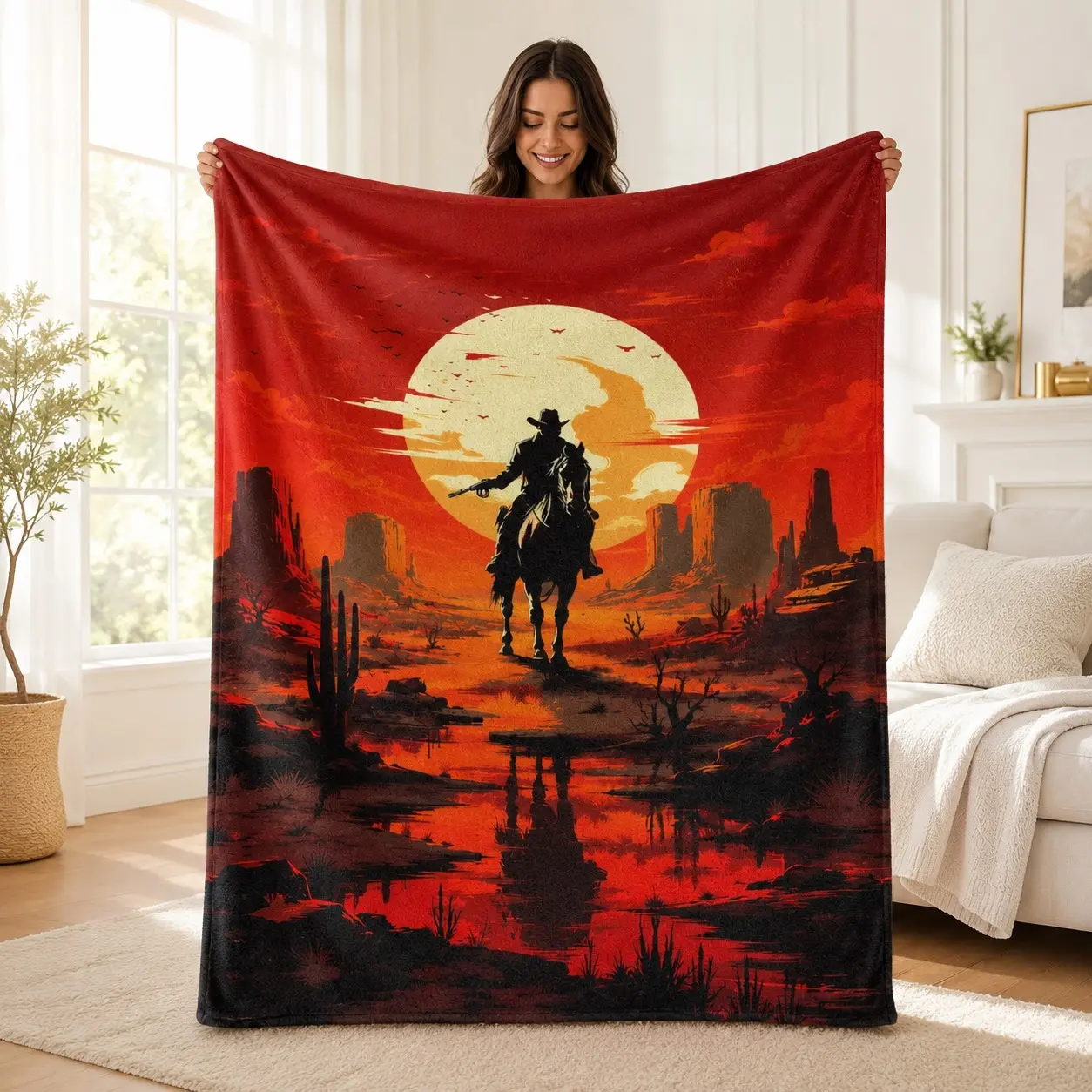 1PC Western Cowboy Riding Horse Sunset Desert Cactus Silhouette Print Flannel Blanket, Soft Skin-Friendly Anti-Pilling Machine Washable Lightweight Warm, Suitable For All Seasons For Home Sofa Rest, Bedroom Relaxation, Outdoor Camping, Ideal For Vintage W