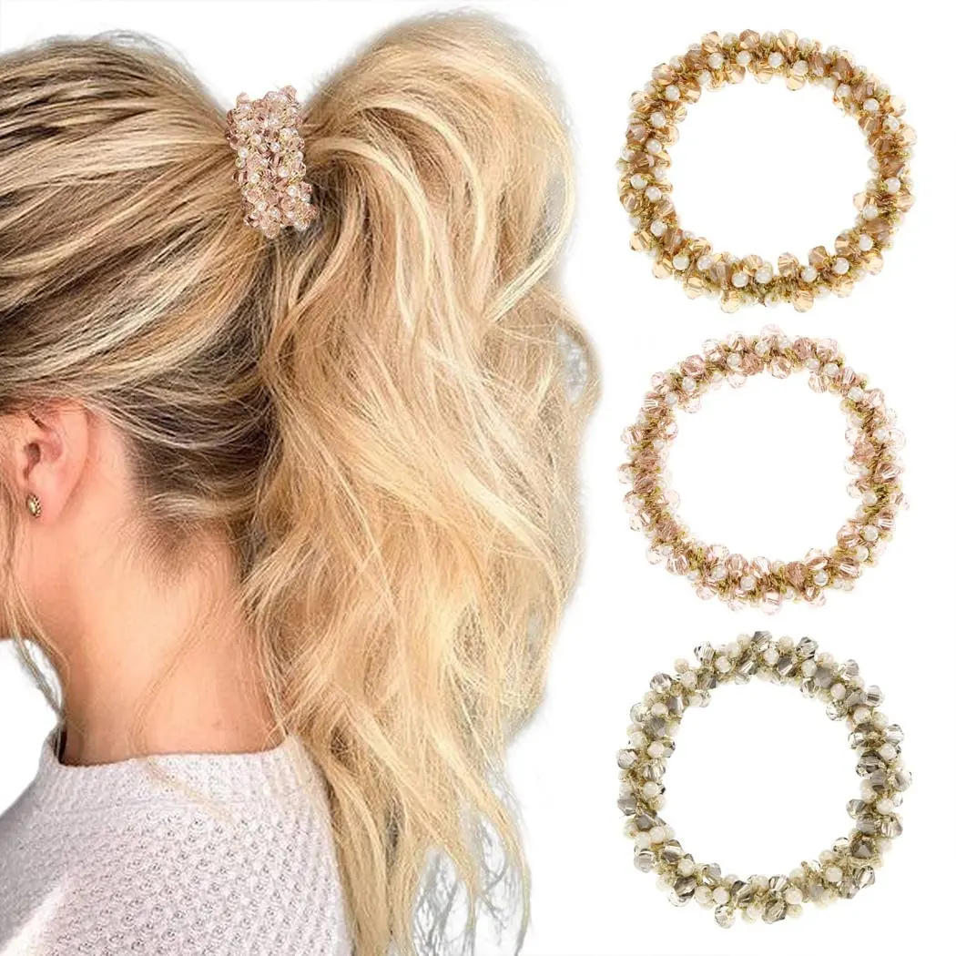 Rhinestone  Ponytail Holder Hair Ties and Scrunchies - Elastic Stretchy Hair Bands and Accessories for Women and Girls (Pack of 3)