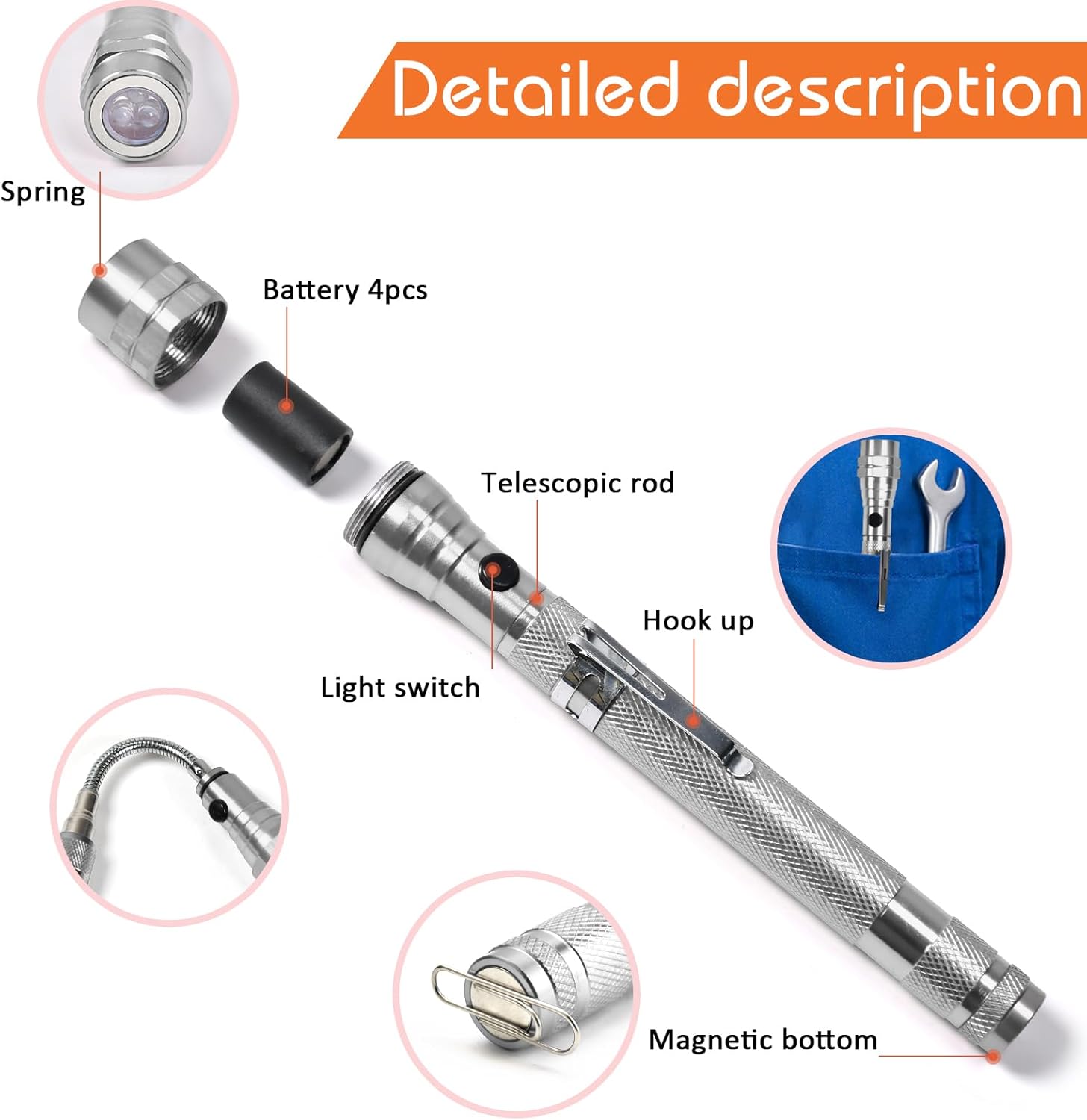 LED Magnetic Flashlight,Extendable and Flexible Magnetic Flashlight with Telescoping Magnet Pickup Tool,Magnet Flashlight for Precision Work,Christmas Gifts, Gifts for Men, Pick-up Tool for Adults