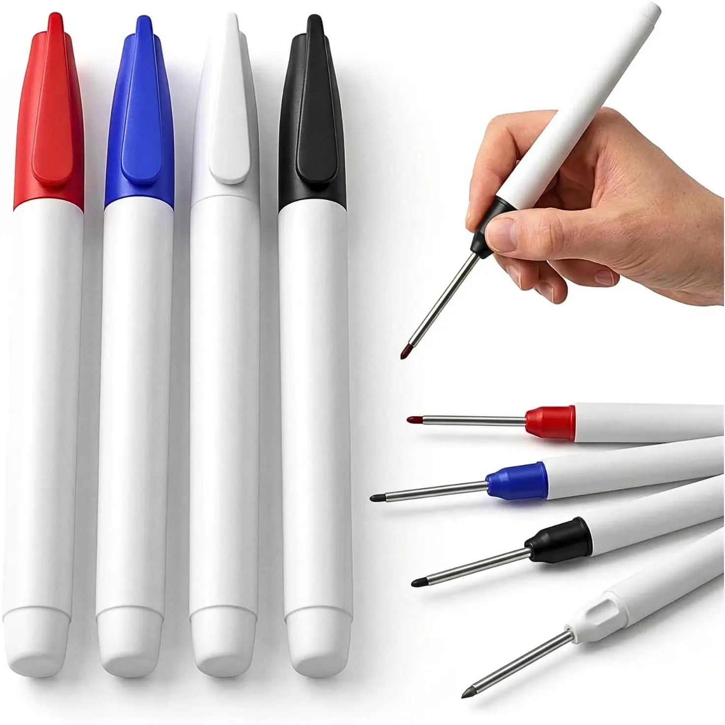 4 count Long  Deep Hole Marker Pens -  Construction Markers - Permanent Markers for Carpenter - Long Nib Metal Marking Pen - Black Blue Red White