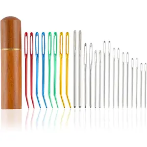 24 count Large Eye Sewing  Kit, Stainless Steel Blunt Darning  & Bent Tapestry  &  Hand Knitting  with Wooden Case, for Crochet/Darning/Yarn/Embroidery Projects