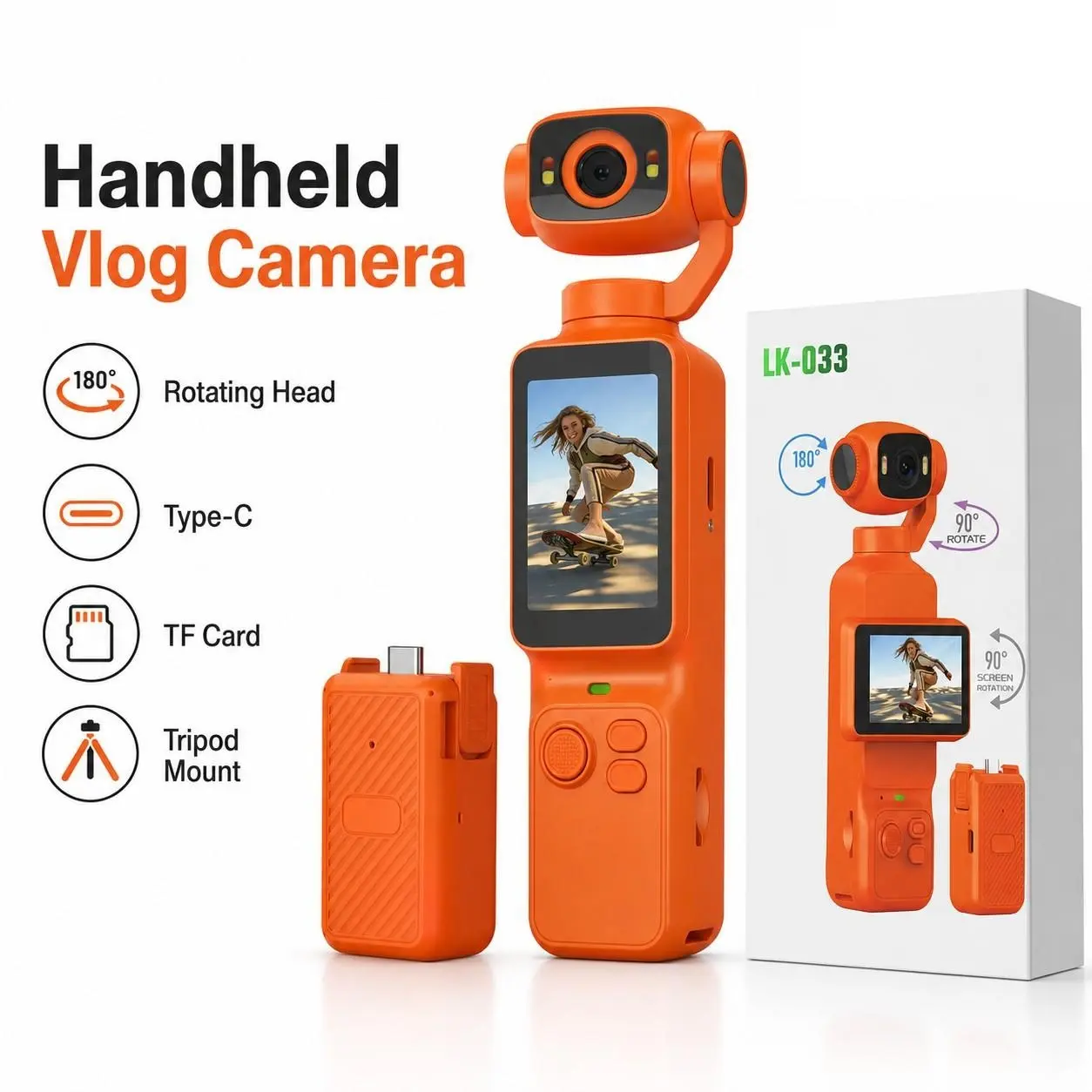 1080P HD handheld pocket-sized video recorder, supporting WiFi, landscape screen display, 180° rotatable lens, equipped with an intelligent anti-shake stabilizer with fill light function, and a portable design, suitable for content creators in travel