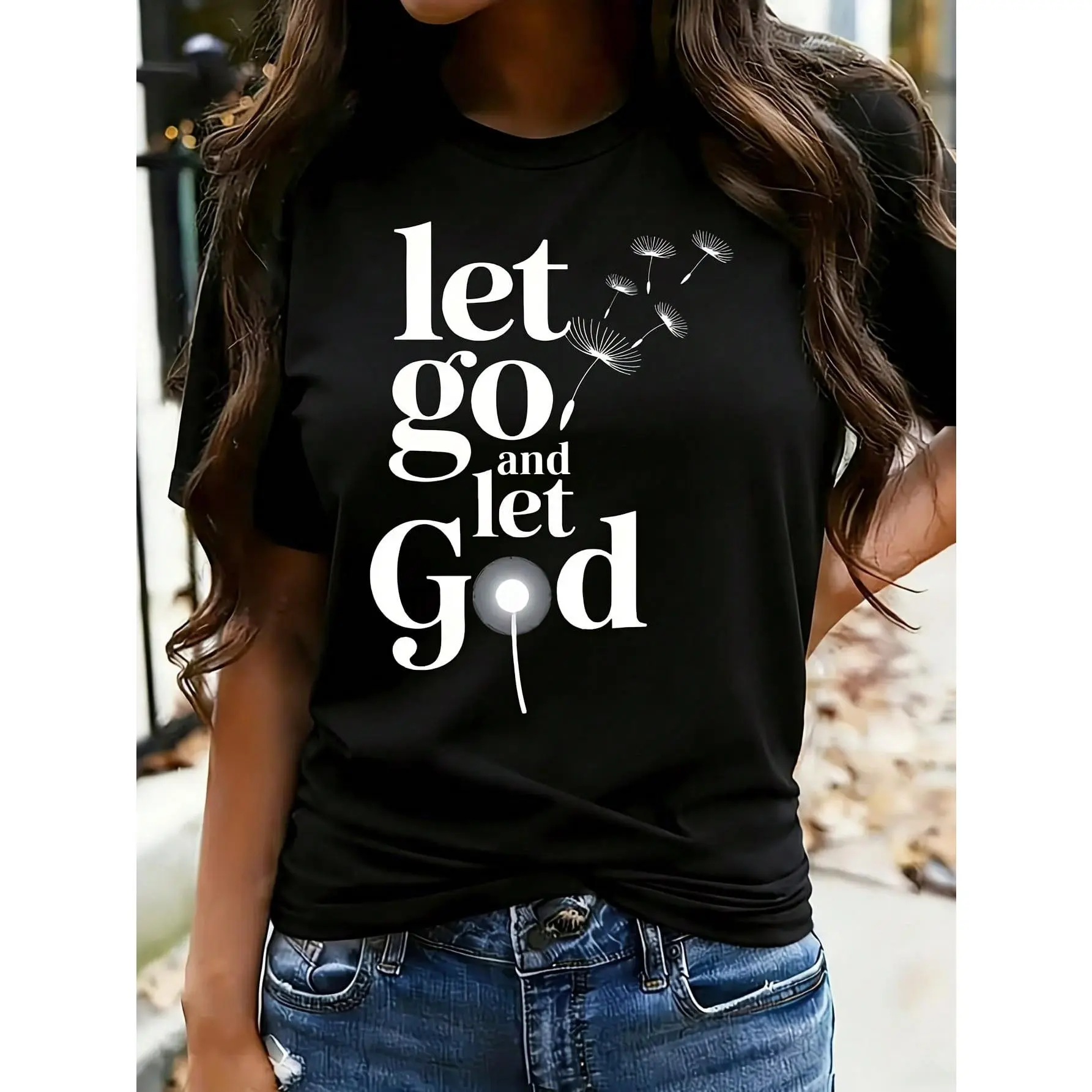 Women's Plus Size Christian Graphic T-Shirt, 'Let Go And Let God' Casual Short Sleeve Crewneck in Soft Polyester Fabric, Shortsleeve, Fit, Piece, Tshirt