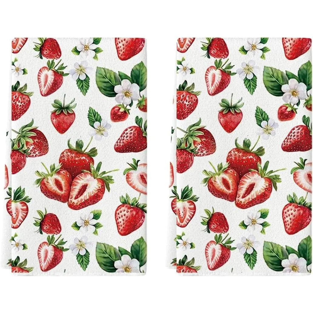18x26 Inch Fruit Strawberry Summer Kitchen Dish Towels, Farmhouse Flowers Decorative Hand Towels Set of 2 for Kitchen Decoration