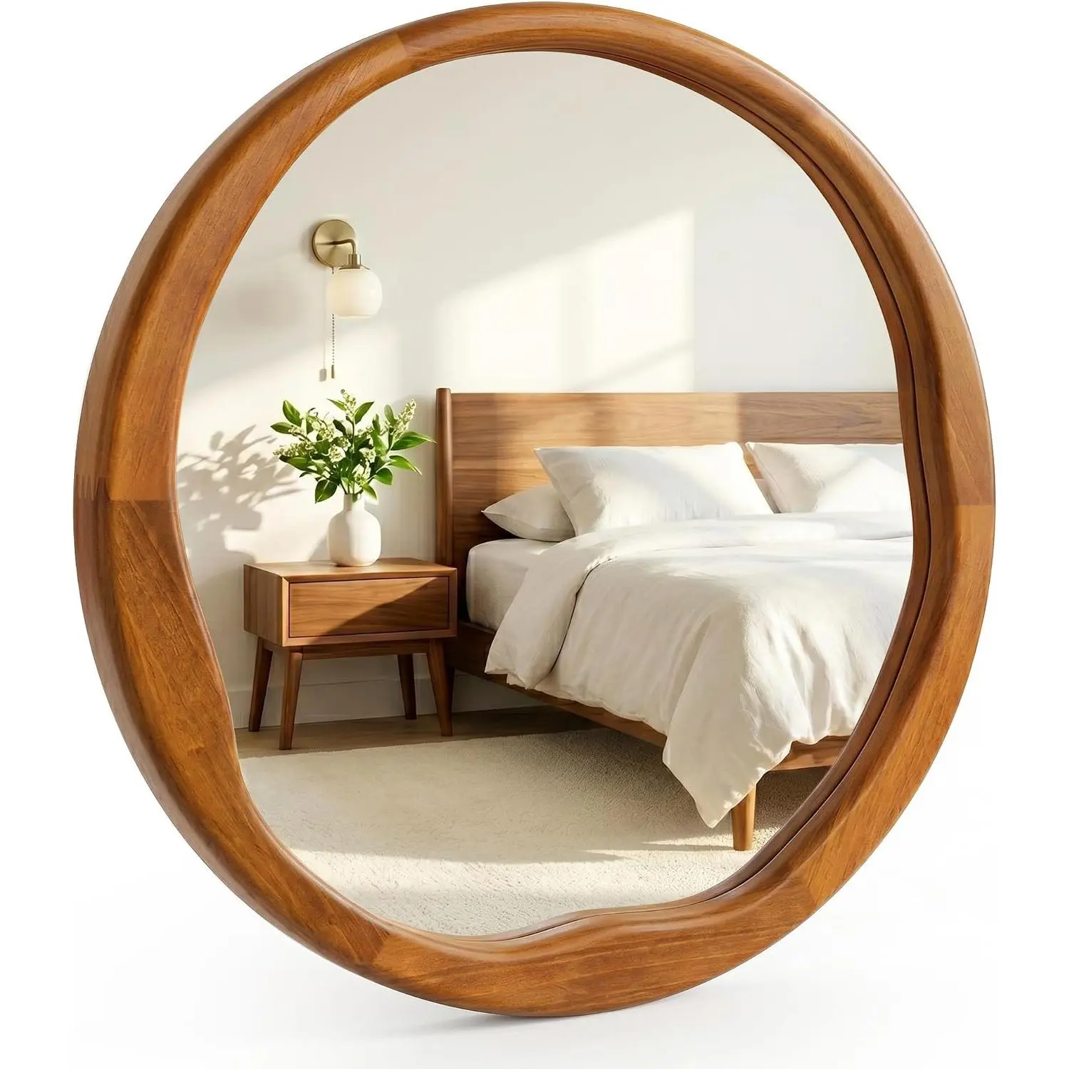 Warm Walnut 24 Inch Round  Wall Mirror, Asymmetrical Inner  | -brown grain adds mid century character to  rooms, bathroom vanities, studies, entryways and compact bedrooms