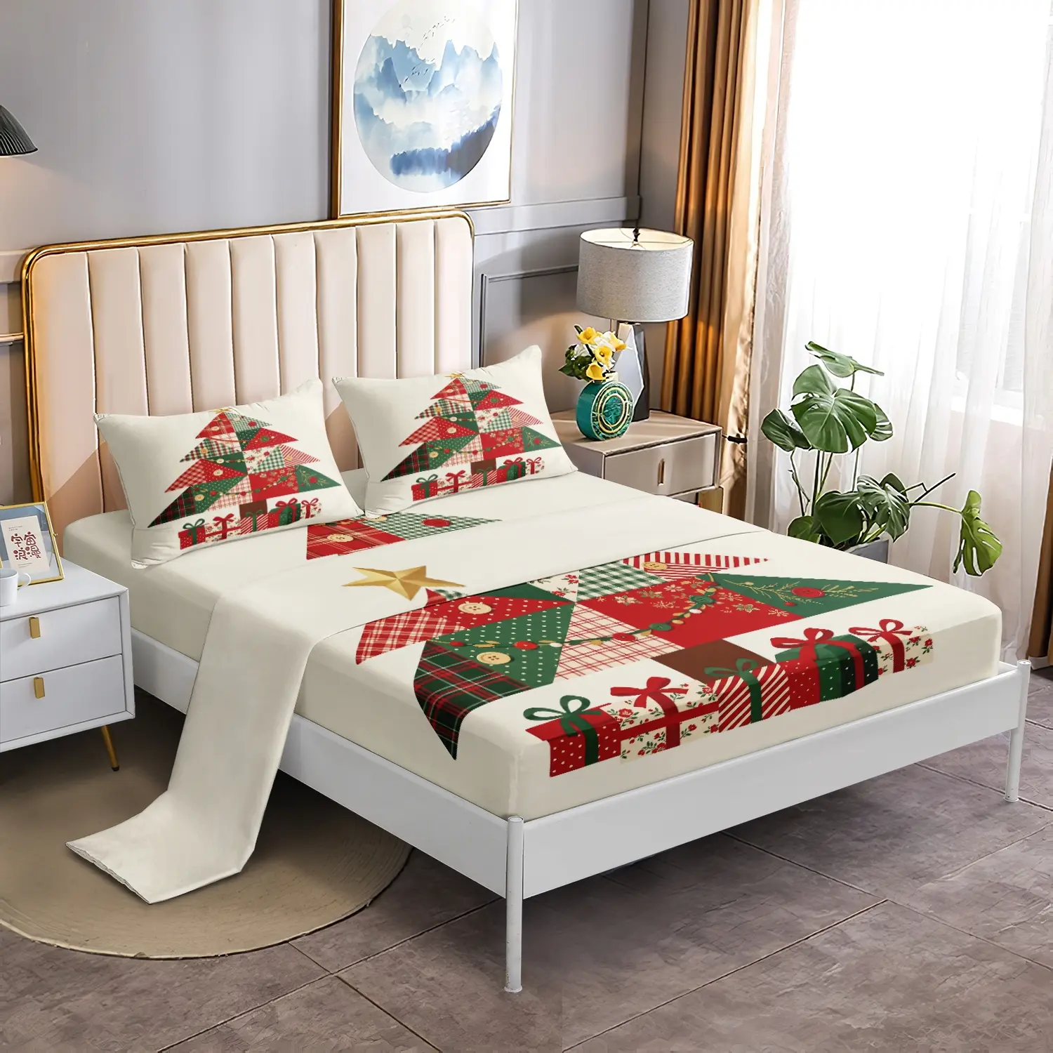 4Pcs Patchwork Christmas Tree Bedding Set, Plaid Gift Box Xmas Bed Sheet Set, Retro Red Green Holiday Bedroom Decor, Soft Microfiber, Machine Washable, Included 1*Fitted Sheet & 1*Flat Sheet & 2*Pillowcase