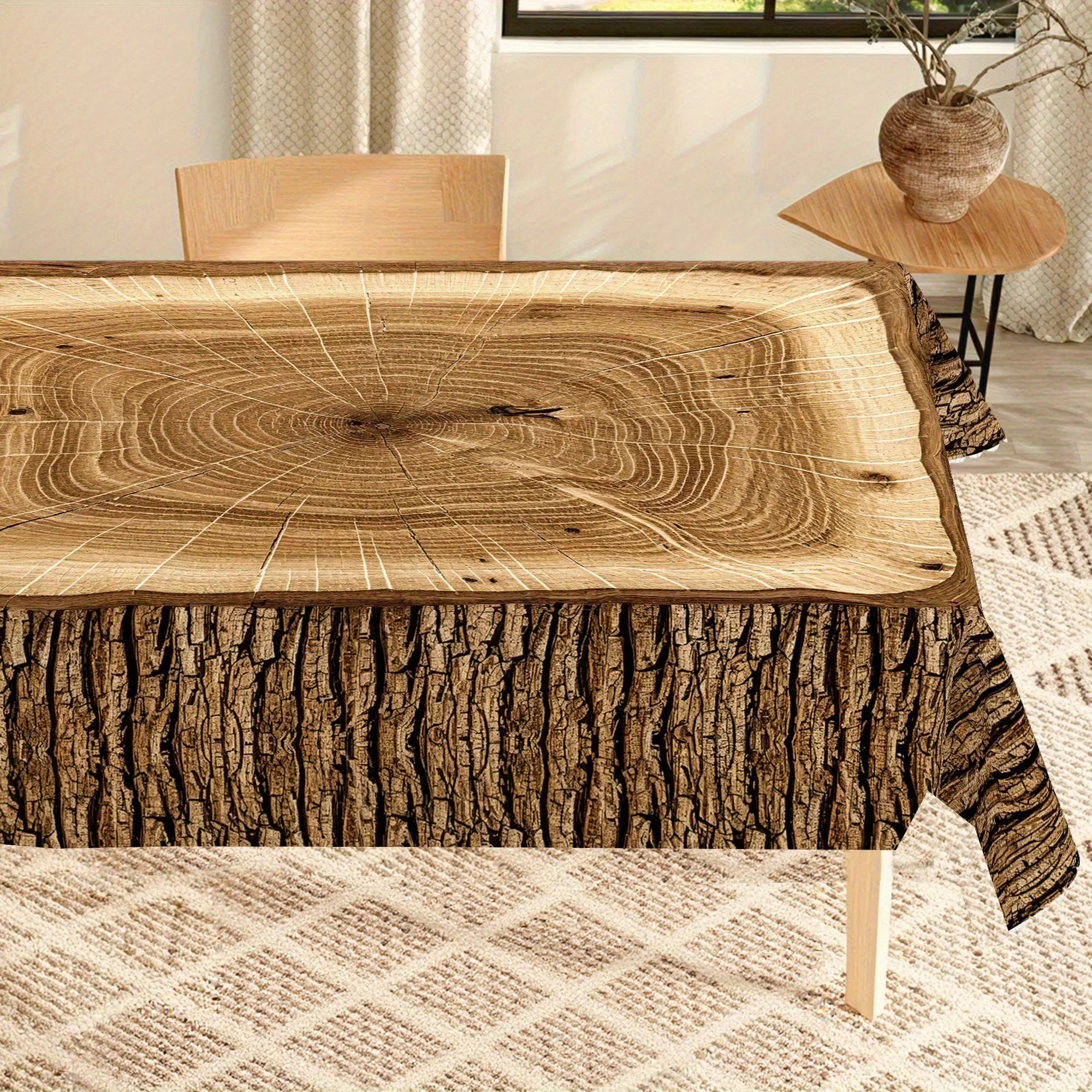 Vintage Tree Stump Pattern Rectangular Tablecloth, Rustic Farmhouse Style Wood Grain Design, Perfect for Holidays, Home Decor