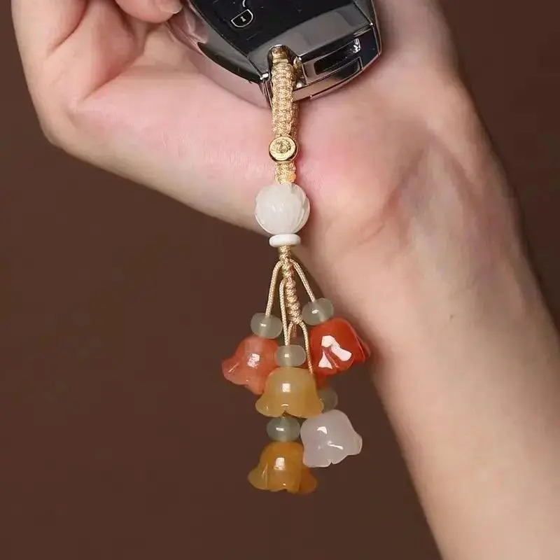 Lotus Keychain Phone Chain Pendant Small and Fresh Flower USB Ribbon Rope Pendant Symbolizing Good Luck Car Keyring Weave Gift