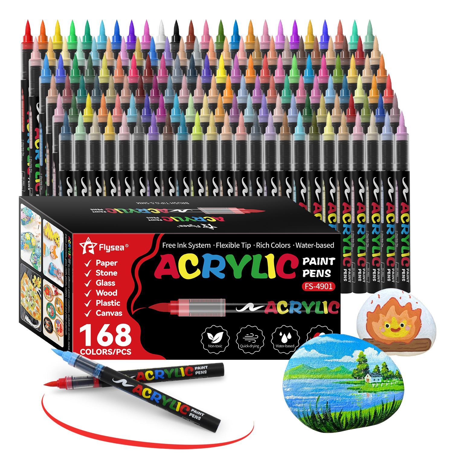 Acrylic Paint Pen Set, 168pcs/set Brush Tip Acrylic Paint Pen, Acrylic Painting Pen, Waterproof & High Saturation Ideal for Wood, metallic, Plastic, Canvas, Fabric, Glass, Ceramic