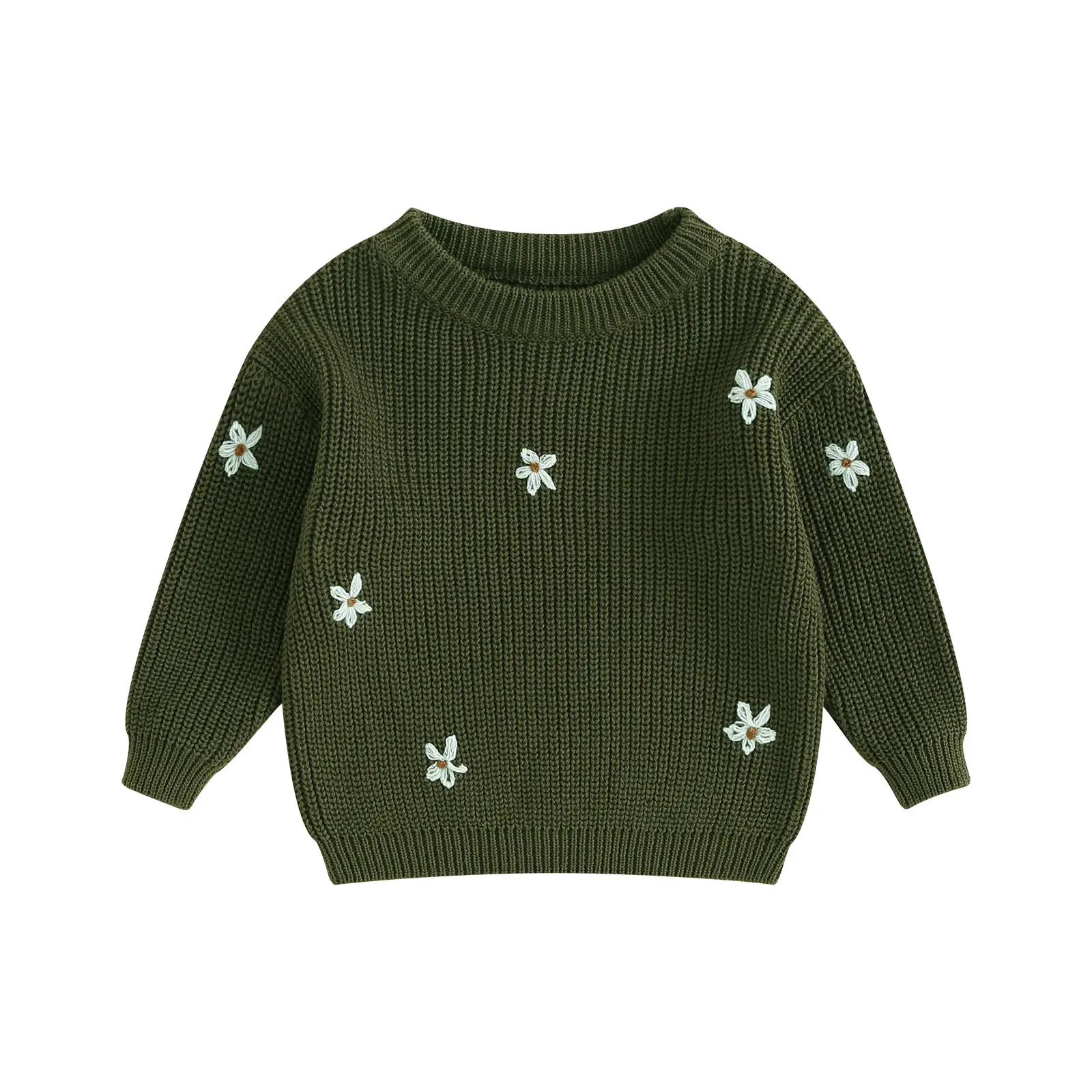 Baby Girls Knitted Sweater Floral Embroidery Casual Warm Long Sleeve Pullovers Infant Knitwear for Toddler